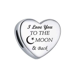 I Love You To The Moon & Back Charm, S925 Sterling Silver, Heart Charm